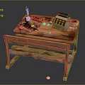 Vintage Wooden Desk with Quill Ink Bottle Parchment Scroll Abacus Gold Coins and Bench