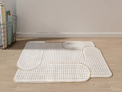 Stylish Shaped White Rug With Grid Pattern On Wooden Floor Near Metal Basket 3d model