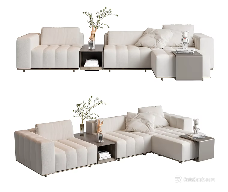 Modern Sectional Sofa With Light Upholstery Pillows Side Table Books And Plants 3d model