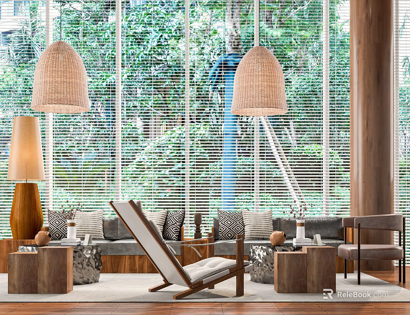 Cozy Café Interior With Large Windows Greenery Hanging Lamps And Wooden Furniture 3d model 