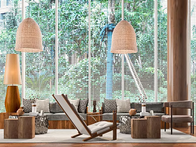 Cozy Café Interior With Large Windows Greenery Hanging Lamps And Wooden Furniture 3d model