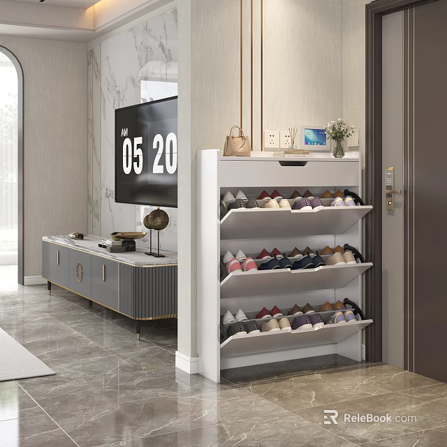 Three Tiered Modern White Shoe Cabinet With Various Colorful Shoes In Entryway Hallway 3d model 
