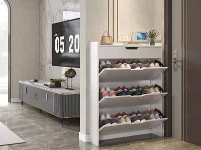 Three Tiered Modern White Shoe Cabinet With Various Colorful Shoes In Entryway Hallway 3d model