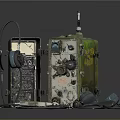 Vintage Electronic Appliances Old Green Communication Equipment With Knobs Buttons Headphones Microphone And Cables