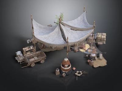 Rustic Canvas Tent Structure With Wooden Poles Barrels Cart And Hay Bales 3d model