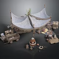 Rustic Canvas Tent Structure With Wooden Poles Barrels Cart And Hay Bales