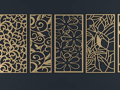 Golden Decorative Room Dividers with Laser Cut Floral and Vine Patterns 3d model