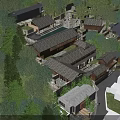 Traditional Modern Guesthouse Architecture with Sloped Wooden Roofs and Lush Green Surroundings