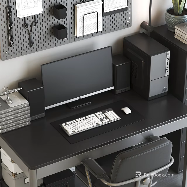 Sleek Modern Home Office Desk Setup With Monitor Keyboard Mouse Speakers Pegboard And PC Tower 3d model 
