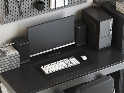 Sleek Modern Home Office Desk Setup With Monitor Keyboard Mouse Speakers Pegboard And PC Tower 3d model