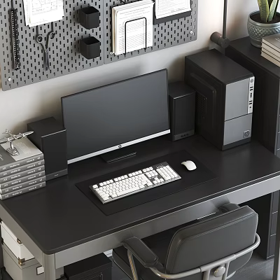 Sleek Modern Home Office Desk Setup With Monitor Keyboard Mouse Speakers Pegboard And PC Tower 3d model