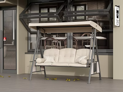 Outdoor Swing Chair With Beige Cushions Metal Frame And Canopy On Wooden Deck 3d model