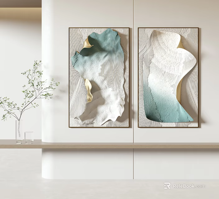 Abstract Wall Art With Green White Beige Wavy Design On White Wall And Vase Plant 3d model 