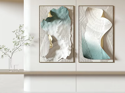 Abstract Wall Art With Green White Beige Wavy Design On White Wall And Vase Plant 3d model