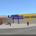 Industrial Warehouse Featuring Red Truck Yellow White Exterior Blue Signage and People Around
