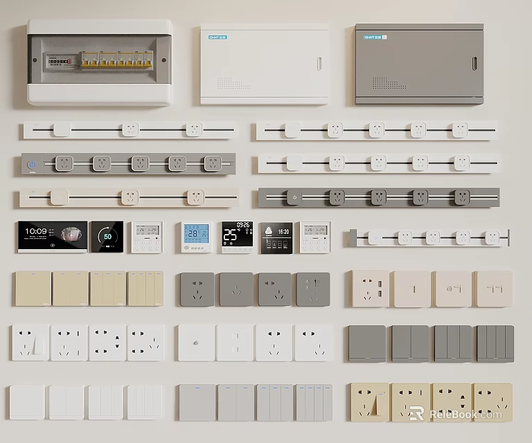 Various Modern Electrical Switch Panels With Different Colors And Socket Designs 3d model