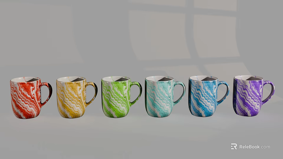 Colorful Coffee Mugs In Red Yellow Green Blue Purple Hues Arranged Neatly 3d model 