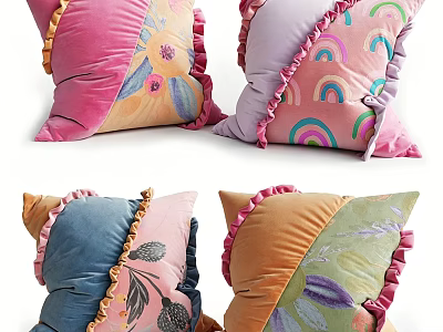 Colorful Decorative Pillows with Velvet Ruffled Edges and Floral Rainbow Leaf Patterns for Home Sofa 3d model