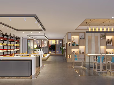 Specialty Store Interior With Open Layout Display Shelves Counter Tables and Lighting Fixtures 3d model