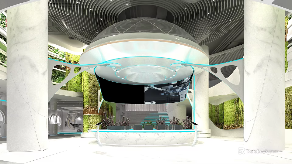 Modern Futuristic Lobby Interior With Curved Ceiling Large Screen And Green Plant Walls 3d model 