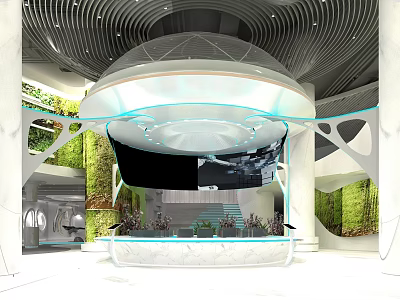 Modern Futuristic Lobby Interior With Curved Ceiling Large Screen And Green Plant Walls 3d model
