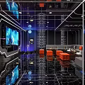 Modern KTV Room Interior With Large Screen Orange Sofas And Black Marble Flooring 3d model