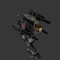 Futuristic Battle Mech With Armored Body Multiple Cannons And Glowing Yellow Red Lights