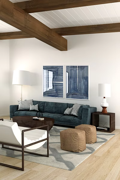 Modern Navy Blue Sofa Coffee Table Set with Accent Pillows Wall Art Floor Table Lamps 3d model