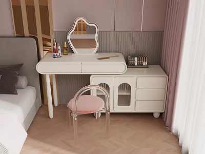 Modern White Dressing Table With Mirror Pink Chair Drawers And Cosmetics In Bedroom Interior 3d model