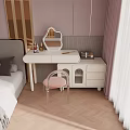 Modern White Dressing Table With Mirror Pink Chair Drawers And Cosmetics In Bedroom Interior