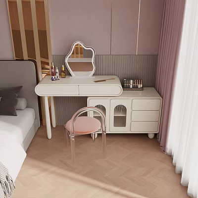 Modern White Dressing Table With Mirror Pink Chair Drawers And Cosmetics In Bedroom Interior 3d model
