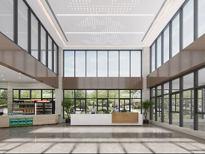 Spacious Modern Hotel Lobby Interior With Glass Windows Reception Desk And Green Plants 3d model