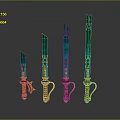 Four Stylish Swords With Blue Green Grid Pattern Blades And Brown Metal Hilts