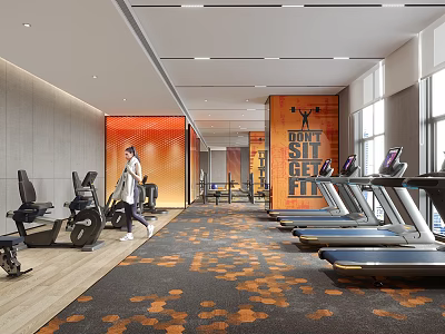 Modern Gym Interior With Treadmills Exercise Equipment And Motivational Sign 3d model