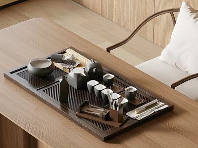 Minimalist Tea Set with Wooden Tray Teapot Cups Bowl and Spoon on Wooden Table 3d model