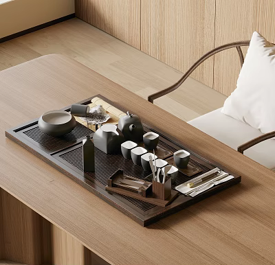 Minimalist Tea Set with Wooden Tray Teapot Cups Bowl and Spoon on Wooden Table 3d model