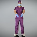 Man in purple scrubs full body wearing medical mask cap and blue gloves standing