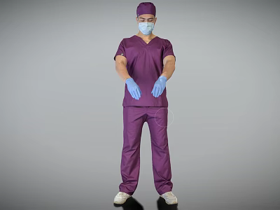 Man in purple scrubs full body wearing medical mask cap and blue gloves standing 3d model