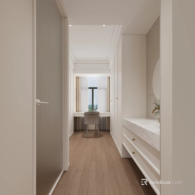 Modern Minimalist Walk In Closet Interior With Vanity Table And Storage 3d model 