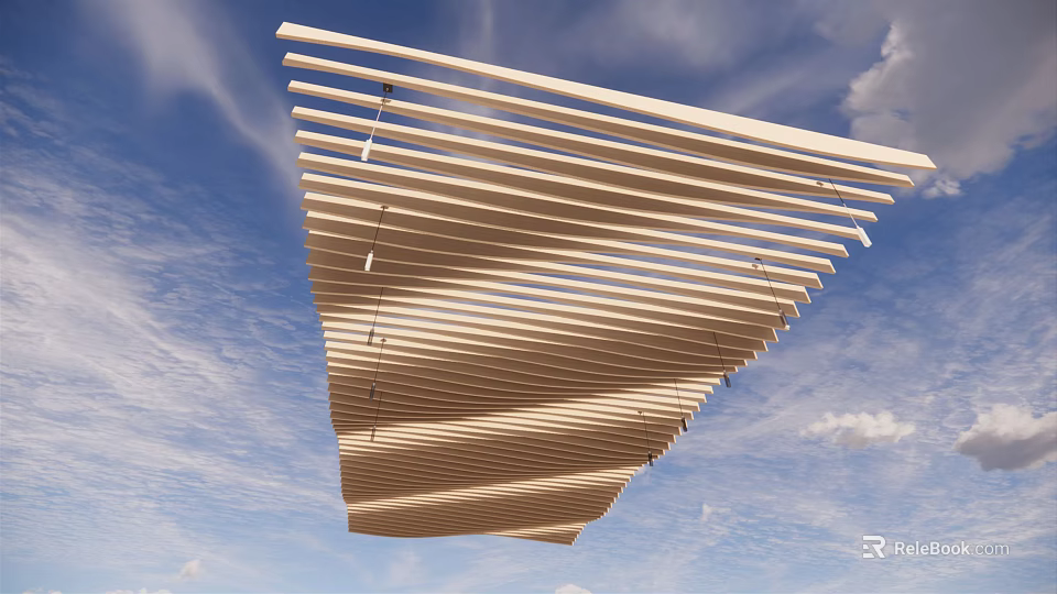Modern Suspended Ceiling Design With Linear Wooden Slats And Open Structure 3d model
