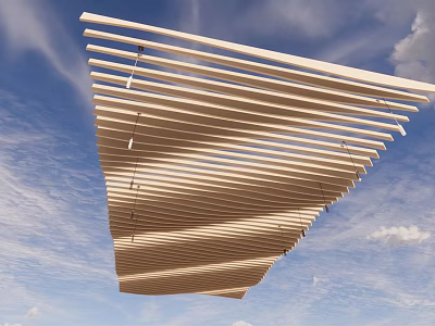 Modern Suspended Ceiling Design With Linear Wooden Slats And Open Structure 3d model