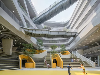 Modern School Building With Multi Level Walkways Yellow Staircases Green Plants And Active Students 3d model