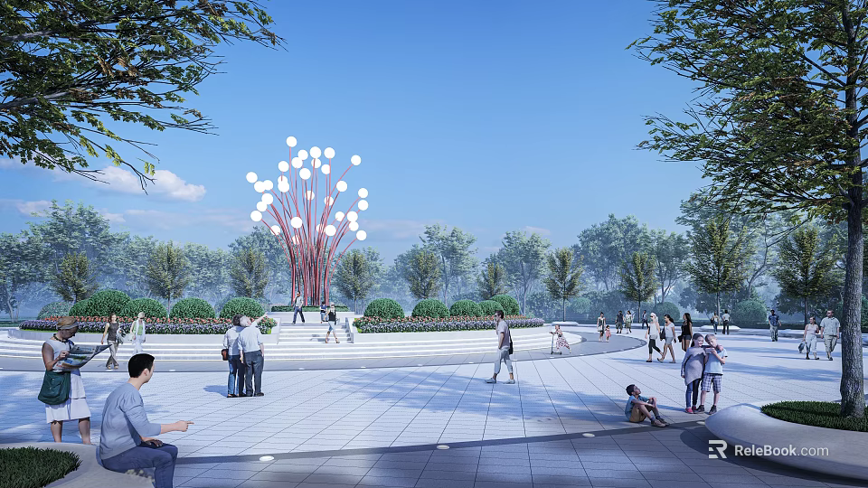 Park Landscape With Decorative Light Tree Structure Green Trees And People Walking 3d model 
