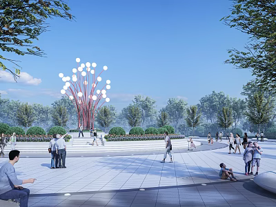 Park Landscape With Decorative Light Tree Structure Green Trees And People Walking 3d model