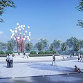 Park Landscape With Decorative Light Tree Structure Green Trees And People Walking