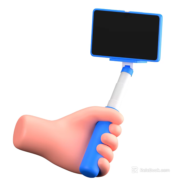 Game Movie Character Hand Holding Blue White Selfie Stick With Black Screen Device 3d model 