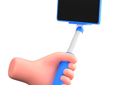Game Movie Character Hand Holding Blue White Selfie Stick With Black Screen Device 3d model