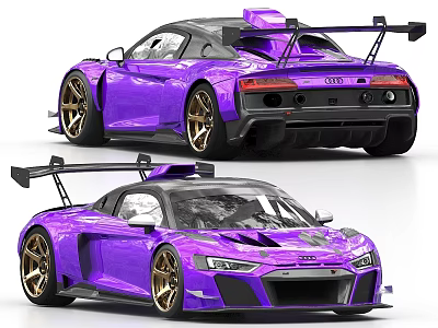 Purple Audi Sports Car With Rear Wing And Gold Wheels Detailed Exterior 3d model