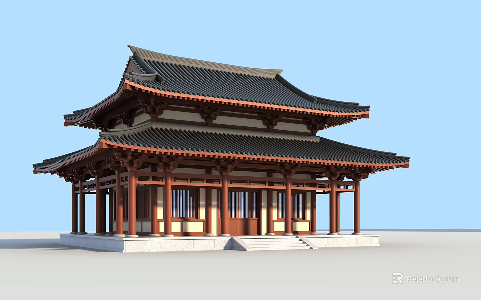 Ancient Chinese Architecture With Two Story Structure And Overhanging Eaves Black Tiled Roof Red Pillars 3d model 