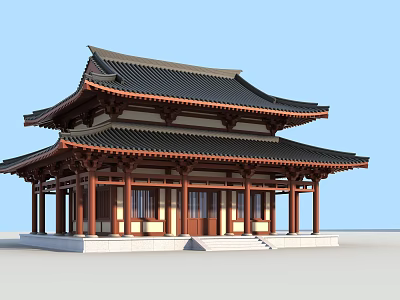 Ancient Chinese Architecture With Two Story Structure And Overhanging Eaves Black Tiled Roof Red Pillars 3d model